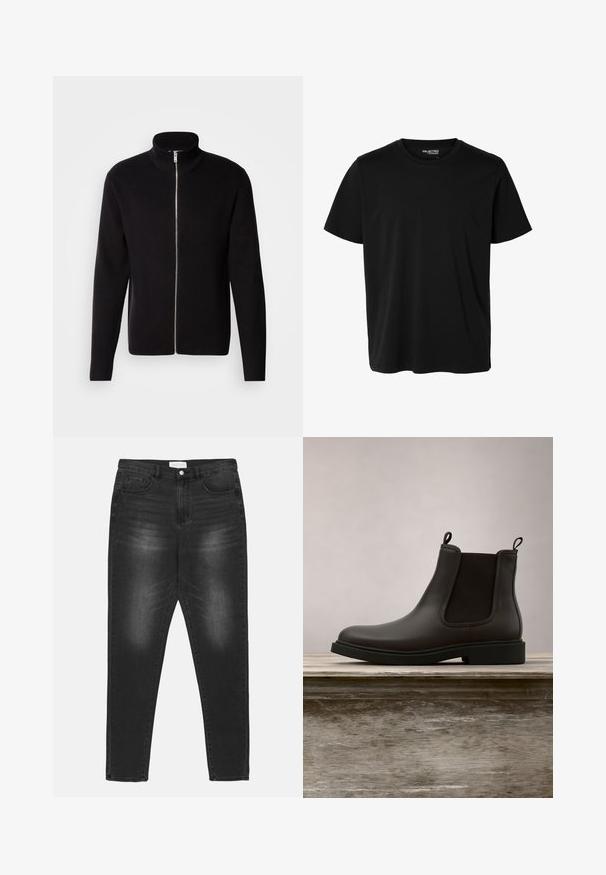 Lindbergh ZIP CARDIGAN - Vest - black; Effen zwarte korte mouwen t-shirt met ronde hals in mannenmodel, zonder zichtbare patronen of logo's aan de voorkant.; Zwarte spijkerbroek van denim met een vervaagde wassing, hoge taille, vijf-pocket ontwerp en zilveren hardware. Rechte pijpen met contrasterende stiksels.; Zwarte leren Chelsea-boot met elastische zijpanelen en trekbanden, zwevend boven een houten bankje buiten met een achtergrond van gras.