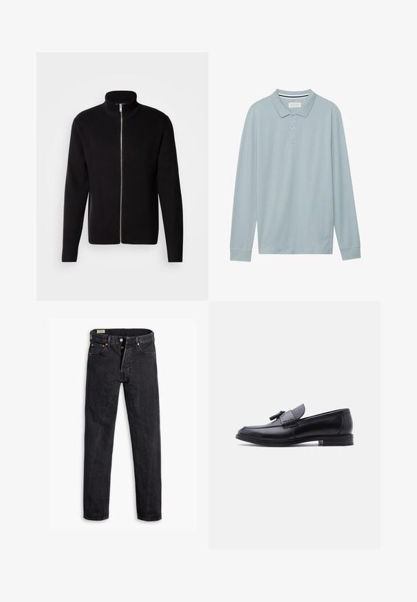 Lindbergh ZIP CARDIGAN - Vest - black; Lange mouw polo shirt in lichtblauw met een vlakke kraag, een drieknoopssluiting en een subtiele textuur. Beschikt over een gestreepte binnenkraag.; Zwarte high-rise rechte jeans met knopen en vijf zakken, plat liggend op een witte achtergrond.; Zwarte leren loafer met textielpaneel in grijs met textuur en kwastdetail, lage hak en afgeronde neus, zijaanzicht op witte achtergrond.
