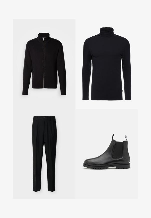 Lindbergh ZIP CARDIGAN - Cardigan - black; Sort langærmet turtleneck skjorte lavet af blødt, strækbart stof. Har et tætsiddende design og en glat tekstur. Ingen synlige mønstre eller accenter.; Sorte, skræddersyede bukser med høj talje, bæltestropper, forreste læg, sidelommer samt knap- og lynlåslukning.; Sorte læder Chelsea støvler med elastiske sidepaneler, trækkemærker og en struktureret gummisål med et slidbane mønster.