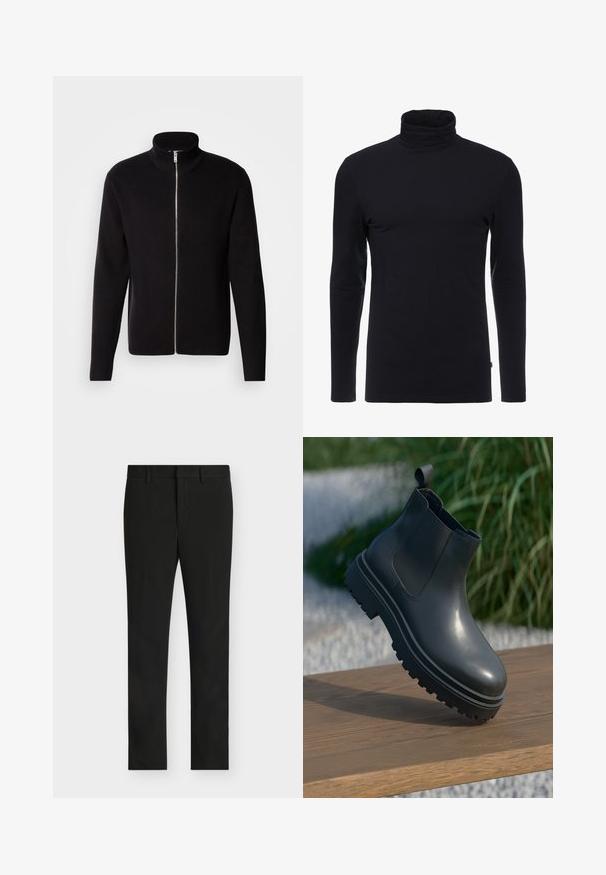 Lindbergh ZIP CARDIGAN - Strickjacke - black; Schwarzes Langarm-Turtleneck-Shirt aus weichem, dehnbaren Stoff. Verfügt über ein tailliertes Design und eine glatte Textur. Keine sichtbaren Muster oder Akzente.; Schwarze Slim-Fit-Hose mit Gürtelschlaufen, Frontreißverschluss und flacher Vorderseite, dargestellt auf hellem grauem Hintergrund.; Schwarzer Gummi-Stiefelette mit strukturiertem Finish, dicker, rutschfester Sohle, elastischen Seiteneinsätzen und einer Schlaufe hinten, die auf einer Holzoberfläche ruht.