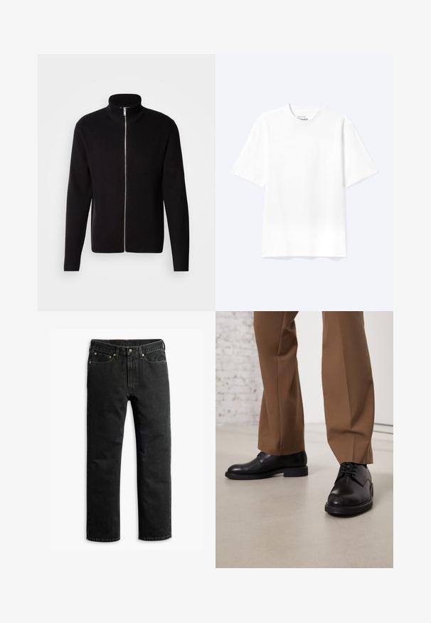 Lindbergh ZIP CARDIGAN - Strickjacke - black; Schlichtes weißes T-Shirt mit kurzen Ärmeln und Rundhalsausschnitt in entspannter Passform, auf hellem Hintergrund dargestellt.; Schwarze Jeans im geraden Schnitt mit fünf Taschen, Gürtelschlaufen und einem Knopfverschluss an der Taille, flach auf einem weißen Hintergrund ausgelegt.; Schwarze Lederschuhe mit glatter Oberfläche und runder Zehenpartie, mit Schnürverschluss und einer flachen, niedrigen Sohle. Kombiniert mit braunen Hosen.