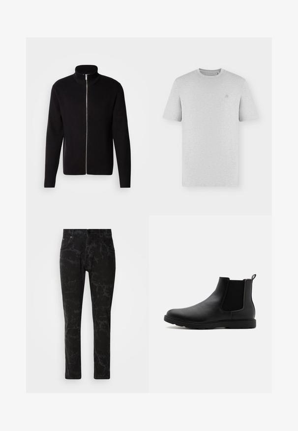 Lindbergh ZIP CARDIGAN - Cardigan - black; Enkel lysegrå t-shirt med korte ærmer, rund halsudskæring og en lille diskret broderet logo på venstre bryst.; Sorte denim jeans med et marmor mønster, lige ben design, fem-lomme stil og en knaplukning i taljen.; Sorte læder Chelsea støvle med elastiske sidepaneler, en trækflap og en holdbar gummisål. Glat tekstur og strømlinet design.