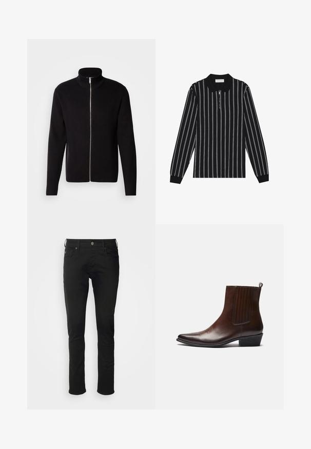 Lindbergh ZIP CARDIGAN - Cardigan - black; Langærmet polo skjorte i sort med hvide lodrette striber, med en lynlåsekrave og struktureret stof. Accentueret med ribbede manchetter.; Sorte bomuldsjeans med lige ben, der har en frontknaplukning, bæltestropper og standardlommer med en glat tekstur.; Brun læder ankelstøvle med spids tå, elastiske sidepaneler, tekstureret detaljer på fronten og en lav stablet hæl.