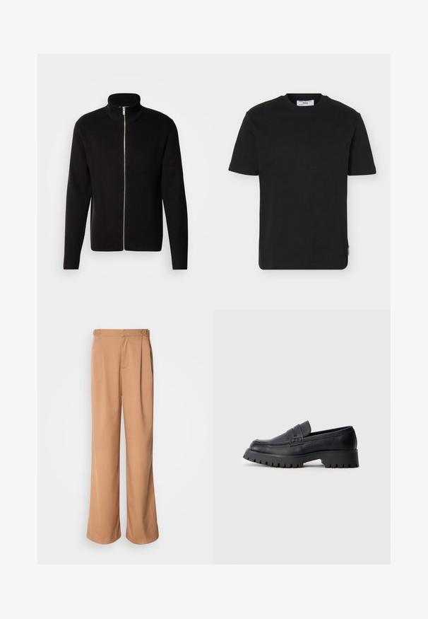 Lindbergh ZIP CARDIGAN - Kardigán - black; Čierne krátke tričko s okrúhlym výstrihom a malou značkovou nášivkou na dolnom boku lemovania.; Zkrátené široké nohavice vyrobené z hladkej béžovej tkaniny s prednými záhybmi a kovovými akcentmi na opasku.; Čierne kožené mokasíny s okrúhlou špičkou, ktoré majú dekoračný pásik a masívnu gumovú podrážku s hlbokým dezénom pre lepšiu trakciu.