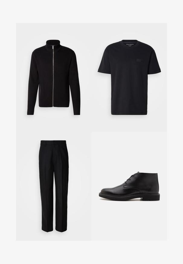 Lindbergh ZIP CARDIGAN - Chaqueta de punto - black; Camiseta de algodón negra de manga corta con cuello redondo y un parche de logotipo negro texturizado en el pecho. Tejido suave y ligero.; Pantalones negros de tela suave, con un diseño de pierna recta, parte delantera plana y pasadores para cinturón, exhibidos sobre un fondo liso.; Bota de tobillo de cuero negro con tres ojales para cordones, puntera redondeada y suela plana sobre un fondo liso y claro.