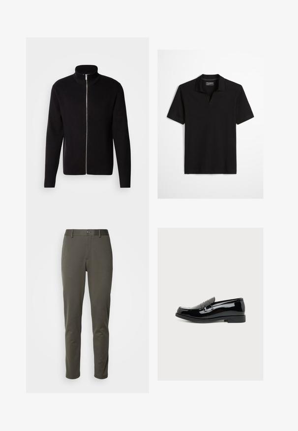 Lindbergh ZIP CARDIGAN - Gilet - black; Polo noir à manches courtes avec col et encolure en forme de trou de serrure, étiquette indiquant "Marc O'Polo Regular Fit", présenté sur fond blanc.; Pantalons vert olive en tissu extensible, avec une taille à boutons, coupe slim et jambes droites, sans motifs ni éléments métalliques visibles.; Mocassin en cuir verni noir brillant avec un petit talon et une bride sur le dessus, montré de côté sur un fond uni.