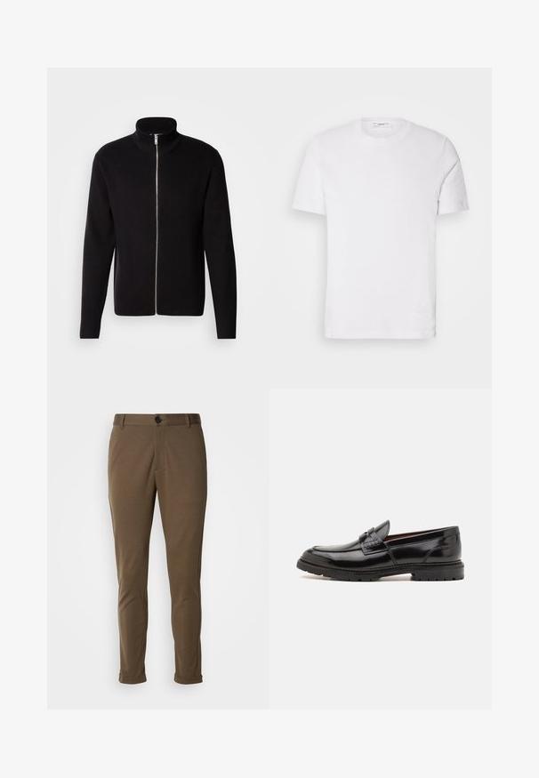 Lindbergh ZIP CARDIGAN - Chaqueta de punto - black; Camiseta de algodón blanca con cuello redondo y mangas cortas. Presenta un sutil logo de la marca en el frente, textura suave y un corte clásico.; Pantalones marrones, ajustados y con una textura suave, que presentan un cierre con botón y dobladillos enrollados. Diseñados con un corte slim y bolsillos funcionales.; ALDO ALERIS - Zapatos sin cordones - black
