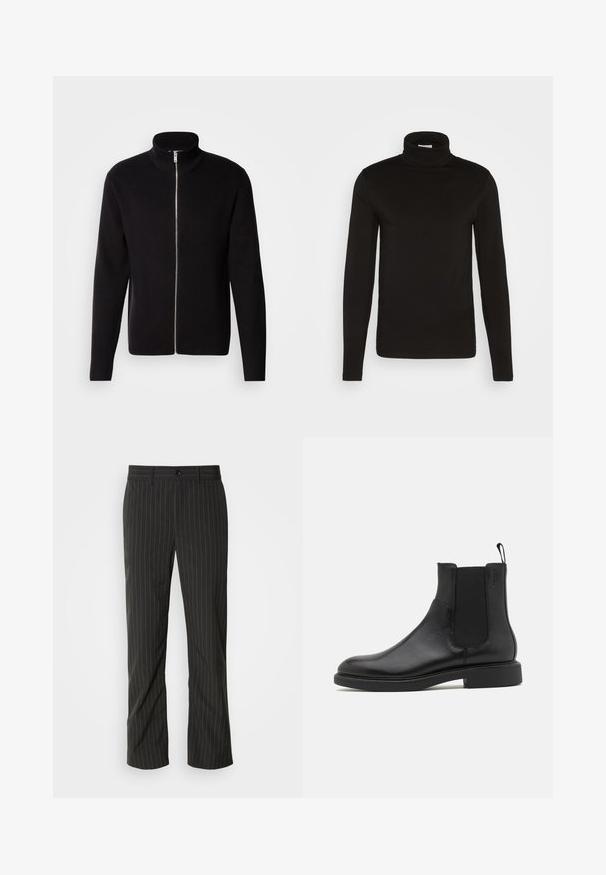 Lindbergh ZIP CARDIGAN - Cardigan - black; Sort turtleneck langærmet skjorte lavet af et glat stof med en tætsiddende design og en høj, tætsiddende krave. Ingen mønstre eller accenter synlige.; Sorte skræddersyede bukser med lige snit. Har en glat tekstur, frontlukning med knap og bæltestropper.; Sort læder ankelstøvle med glat overflade, elastiske sidepaneler og en trækstrop. Rund tå og flad gummisål med minimal mønster.