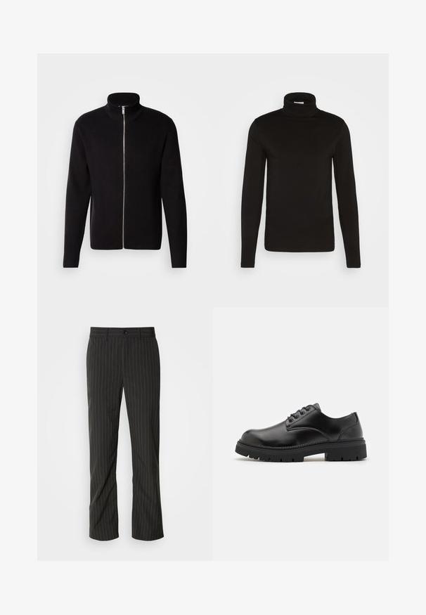 Lindbergh ZIP CARDIGAN - Cardigan - black; Sort turtleneck langærmet skjorte lavet af et glat stof med en tætsiddende design og en høj, tætsiddende krave. Ingen mønstre eller accenter synlige.; Sorte skræddersyede bukser med lige snit. Har en glat tekstur, frontlukning med knap og bæltestropper.; Sorte lædersko med rund tå, snørelukning og en tykk, struktureret gummisål. Har syninger langs kanten og en glat overflade.