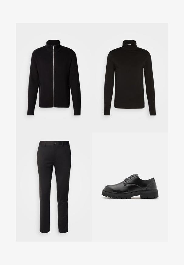 Lindbergh ZIP CARDIGAN - Chaqueta de punto - black; Camiseta de cuello alto de manga larga negra, elaborada en una tela suave con un diseño ajustado y un cuello alto, ceñido. Sin patrones ni acentos visibles.; Pantalones negros de tela suave, con un diseño de pierna recta, cierre de botón en la parte delantera y cinturas, exhibidos sobre un fondo blanco.; Zapatos de cuero negro con punta redondeada, diseño con cordones y una suela de goma gruesa y texturizada. Presentan costuras a lo largo del borde y un acabado suave.