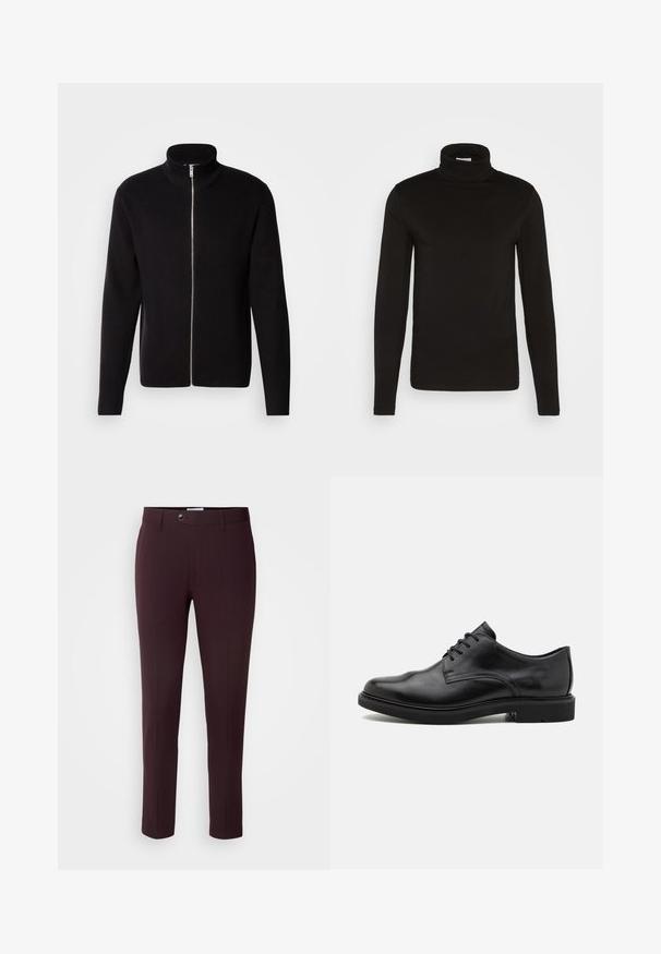 Lindbergh ZIP CARDIGAN - Chaqueta de punto - black; Camiseta de cuello alto de manga larga negra, elaborada en una tela suave con un diseño ajustado y un cuello alto, ceñido. Sin patrones ni acentos visibles.; Pantalones burdeos oscuros de corte slim, con cierre de botón, trabillas para cinturón y pliegues frontales. Tela suave con un diseño elegante.; Zapato de vestir masculino de cuero negro con cierre de cordones y tacón bajo, mostrado de lado sobre un fondo claro y liso.