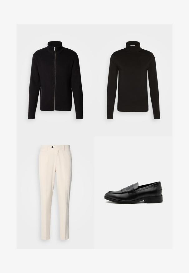 Lindbergh ZIP CARDIGAN - Strickjacke - black; Schwarz, langärmliges Turtleneck-Shirt aus einem glatten Stoff mit figurnaher Passform und hohem, enganliegendem Kragen. Keine sichtbaren Muster oder Akzente.; Beige maßgeschneiderte Hosen mit flacher Vorderseite, Ein-Knopf-Verschluss und zwei schrägen Seitentaschen. Glattes Material mit schmaler Passform und spitz zulaufendem Bein.; Schwarzer Leder-Herrenloafer mit Quasten-Detail, abgerundeter Spitze, niedrigem Absatz und glatter, polierter Oberfläche, von der Seite auf weißem Hintergrund dargestellt.