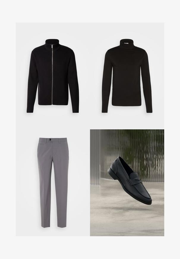 Lindbergh ZIP CARDIGAN - Chaqueta de punto - black; Camiseta de cuello alto de manga larga negra, elaborada en una tela suave con un diseño ajustado y un cuello alto, ceñido. Sin patrones ni acentos visibles.; Pantalones grises a medida con una textura suave, diseño de pierna recta, cierre de un solo botón y bolsillos frontales. Sin patrones ni acentos visibles.; Zapato tipo mocasín de cuero negro con acabado liso, punta puntiaguda y detalles cosidos en la pala. Tacón bajo y diseño minimalista.