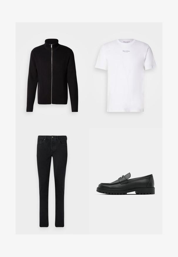 Lindbergh ZIP CARDIGAN - Chaqueta de punto - black; Camiseta blanca de manga corta de algodón con cuello redondo. Presenta el logo "Marc O'Polo" en negro en el pecho. Textura suave, diseño minimalista.; Vaqueros de mezclilla oscura con un corte ajustado, diseño de cinco bolsillos y cierre de botón metálico. Textura suave y color uniforme en todo el conjunto.; Mocasines de cuero negro con punta redonda, que cuentan con un diseño cosido, suela de plataforma baja y una suela de goma texturada y con tacos.