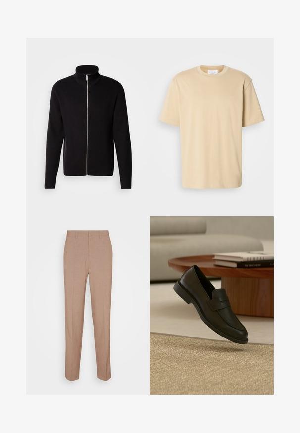 Lindbergh ZIP CARDIGAN - Vest - black; Beige t-shirt met korte mouwen, gemaakt van zachte stof. Heeft een ronde halslijn en een relaxte pasvorm zonder zichtbare patronen of accenten.; Beige, op maat gemaakte broek van een gladde, gestructureerde stof. Rechte pasvorm met een tailleband en zonder zichtbare versieringen of zakken.; Zwarte leren loafer schoen getoond in de lucht boven een beige geweven tapijt, met een houten tafel en gestapelde boeken in een zacht verlichte woonkamer.