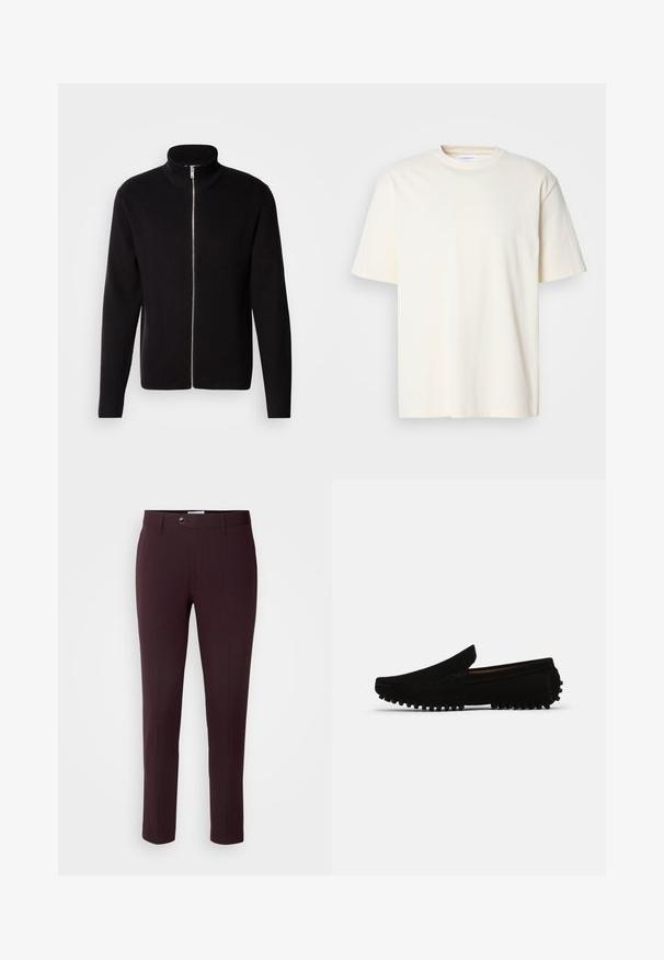 Lindbergh ZIP CARDIGAN - Chaqueta de punto - black; Camiseta de cuello redondo de manga corta en color blanco roto, diseño unisex, exhibida sobre un fondo gris neutro.; Pantalones burdeos oscuros de corte slim, con cierre de botón, trabillas para cinturón y pliegues frontales. Tela suave con un diseño elegante.; Mocasines de ante negro con una suela exterior ligeramente elevada y texturizada, y detalles de costura a lo largo de los bordes, que presentan un diseño clásico de fácil puesta.