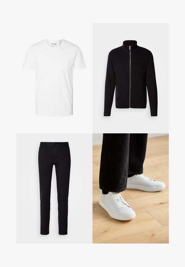 Lindbergh ZIP CARDIGAN - Chaqueta de punto - black; Camiseta blanca lisa de manga corta con cuello redondo, hecha de algodón orgánico, con etiqueta Selected Homme, talla grande.; Pantalones negros de tela de algodón suave, con diseño de pierna recta, bolsillos delanteros, cierre de botón y un acabado limpio.; Zapatillas bajas de cuero blanco, con cierre de cordones, punta redonda y diseño minimalista. Combinadas con jeans negros ajustados.