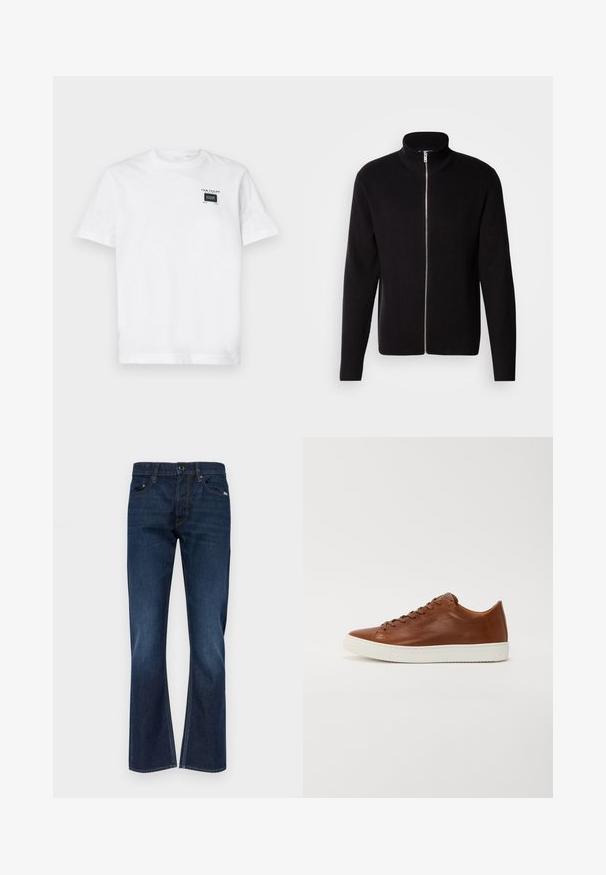 Lindbergh ZIP CARDIGAN - Gilet - black; T-shirt en coton blanc avec un col rond et des manches courtes. L'avant comporte une petite étiquette noire avec du texte et un design rectangulaire.; Jeans en denim bleu foncé à coupe droite, dotés de cinq poches, de passants de ceinture et de détails de surpiqûre contrastés.; Baskets en cuir brun avec un bout arrondi, semelle en caoutchouc blanc et lignes épurées. Présente une fermeture lacée et un logo discret sur le côté.