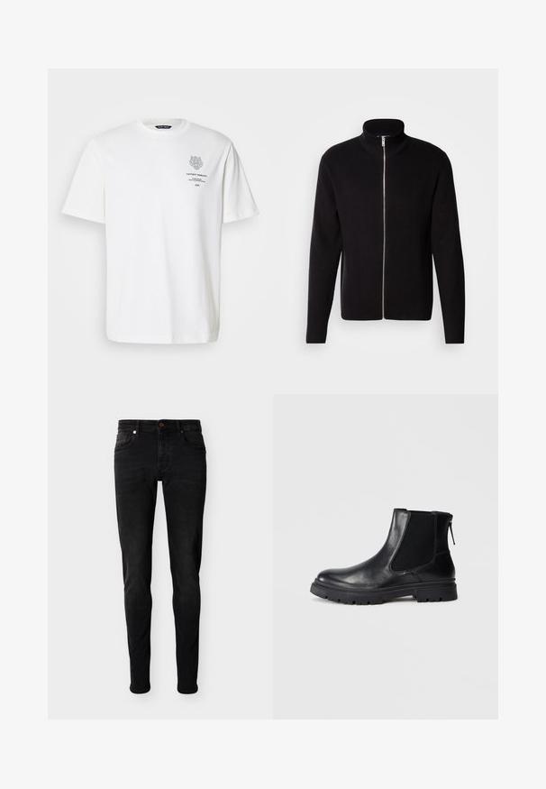 Lindbergh ZIP CARDIGAN - Cardigan - black; Hvid bomulds t-shirt med rund halsudskæring, korte ærmer og et trykt logo og tekstdesign på forsiden i grå.; Sorte skinny-fit jeans med fem lommer, knaplukning og bæltestropper, vist på en ensfarvet lysegrå baggrund.; Sort læderankelstøvle med en glat overflade, elastiske mesh-sider og en robust sål med synligt mønster.