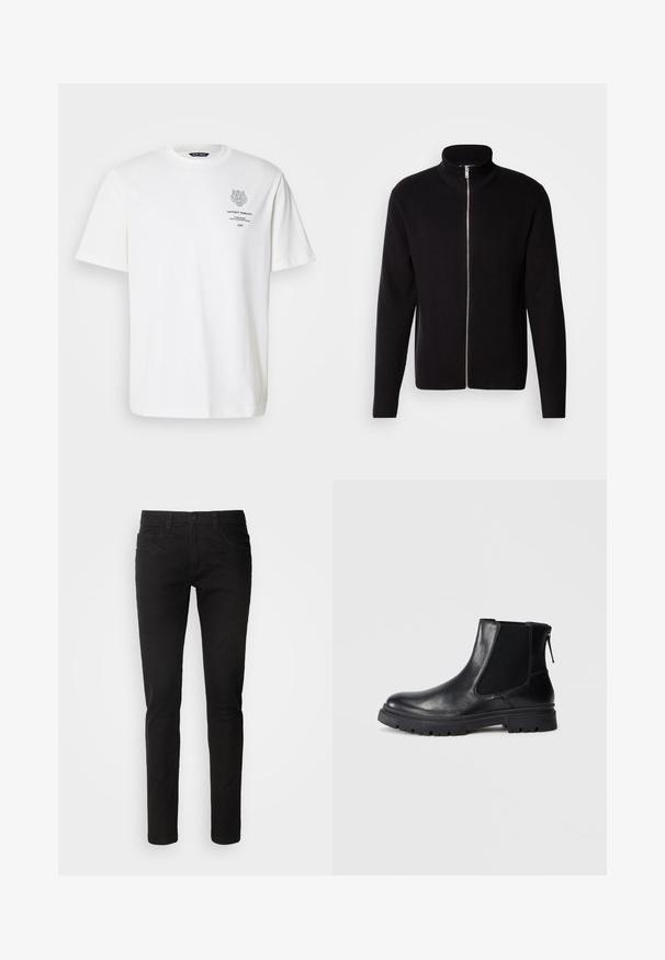 Lindbergh ZIP CARDIGAN - Strickjacke - black; Weißes Baumwoll-T-Shirt mit rundem Halsausschnitt, kurzen Ärmeln und einem grauen Logo- und Textdruck auf der Vorderseite.; Schwarze Jeans aus Denim im Slim-Fit-Stil, mit einem Fünf-Taschen-Design, Reißverschluss und einer sauberen, glatten Textur. Standard-Taillenumfang mit Gürtelschlaufen.; Schwarze Leder-Ankle-Boots mit einer glatten Oberfläche, elastischen Mesh-Seitenteilen und einer robusten Sohle mit sichtbarem Profil.