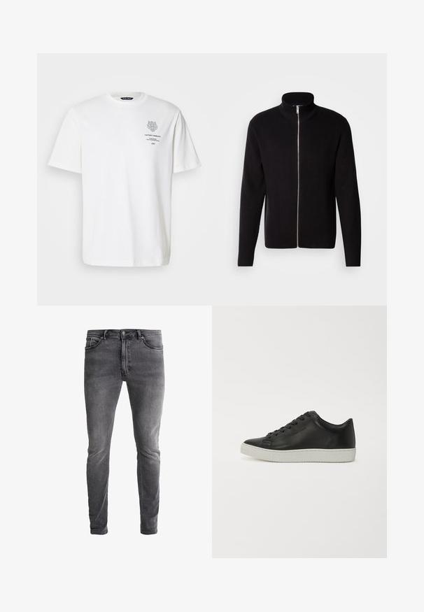 Lindbergh ZIP CARDIGAN - Strickjacke - black; Weißes Baumwoll-T-Shirt mit rundem Halsausschnitt, kurzen Ärmeln und einem grauen Logo- und Textdruck auf der Vorderseite.; Slim-Fit graue Jeans aus Denim mit leichtem Stretch. Mit fünf Taschen, einem Reißverschluss und einem kontrastierenden Metallknopf. Ausgewaschene Textur.; Schwarze Leder-Sneaker mit runder Spitze, flacher weißer Gummisohle und einer Schnürung mit sechs Ösen. Glatte Textur, minimalistischer Stil.