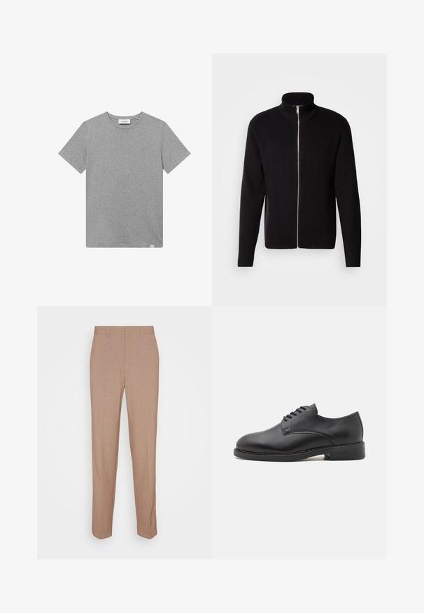 Lindbergh ZIP CARDIGAN - Kardigán - black; Sivý tričko s krátkym rukávom vyrobené z bavlnenej zmesi. Obsahuje okrúhly výstrih a malý logotyp na ľavej prednej strane.; Béžové nohavice na mieru zo hladkej, štruktúrovanej tkaniny. Rovný strih s pásom bez viditeľných ozdôb alebo vreciek.; Čierna kožená oxford obuv s okrúhlou špičkou, s hladkým povrchom, päťočkovým šnurovaním a nízkym lepeným podpätkom.