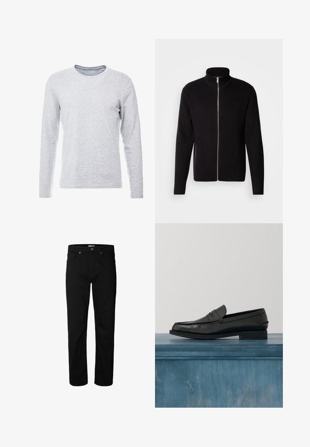 Lindbergh ZIP CARDIGAN - Chaqueta de punto - black; Camiseta gris de manga larga en una tela suave y ligera, con un clásico escote redondo y un diseño sencillo y sin adornos.; Vaqueros negros de corte recto con cierre de botón y cremallera, pasadores para cinturón y bolsillos delanteros y traseros, mostrados sobre un fondo blanco liso.; Mocasines de cuero negro con un diseño elegante, que presentan una puntera cosida y un acabado suave. El zapato tiene un tacón bajo y detalles mínimos.