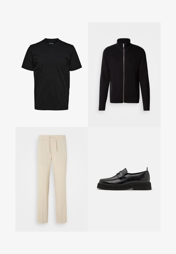 Lindbergh ZIP CARDIGAN - Chaqueta de punto - black; Camiseta negra lisa de manga corta con cuello redondo, ajuste regular y sin patrones ni logotipos visibles.; Pantalones beis con cintura elástica y cordón. Presentan piernas rectas y una textura suave, adecuados para el uso casual o para relajarse.; Zapatos estilo mocasín de cuero negro con suela plana y texturizada, con puntera cosida y una correa a lo largo del empeine.