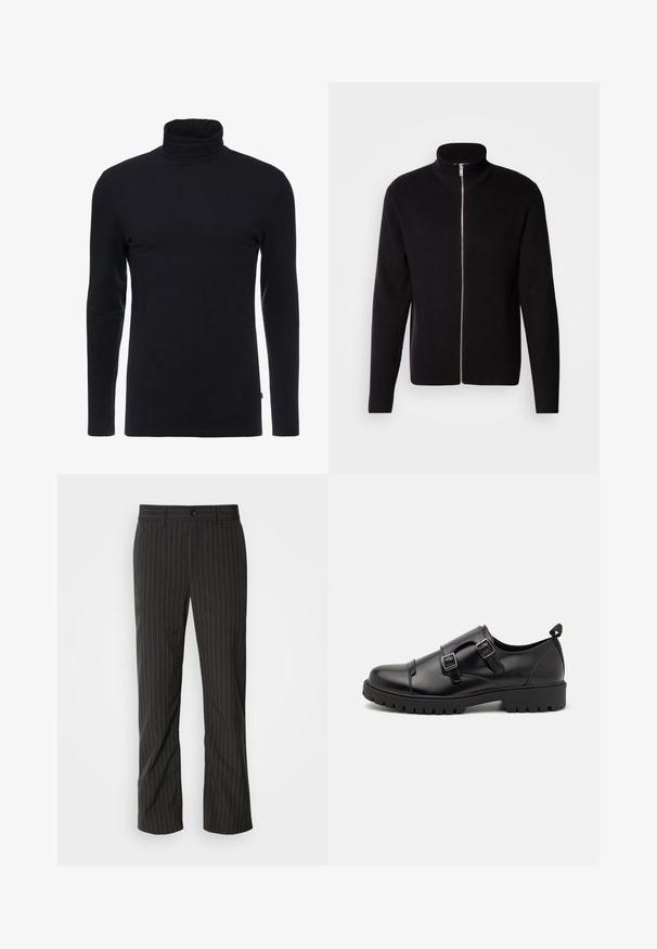 Lindbergh ZIP CARDIGAN - Kardigán - black; Čierny dlhý rukáv turtleneck s mäkkou a elastickou látkou. Má priliehavý strih a hladkú textúru. Bez viditeľných vzorov alebo akcentov.; Čierne pruhované nohavice so rovným strihom. Majú hladkú textúru, zapínanie na predný gombík a pútka na opasok.; Pier One Elegantné našuchovačky - black