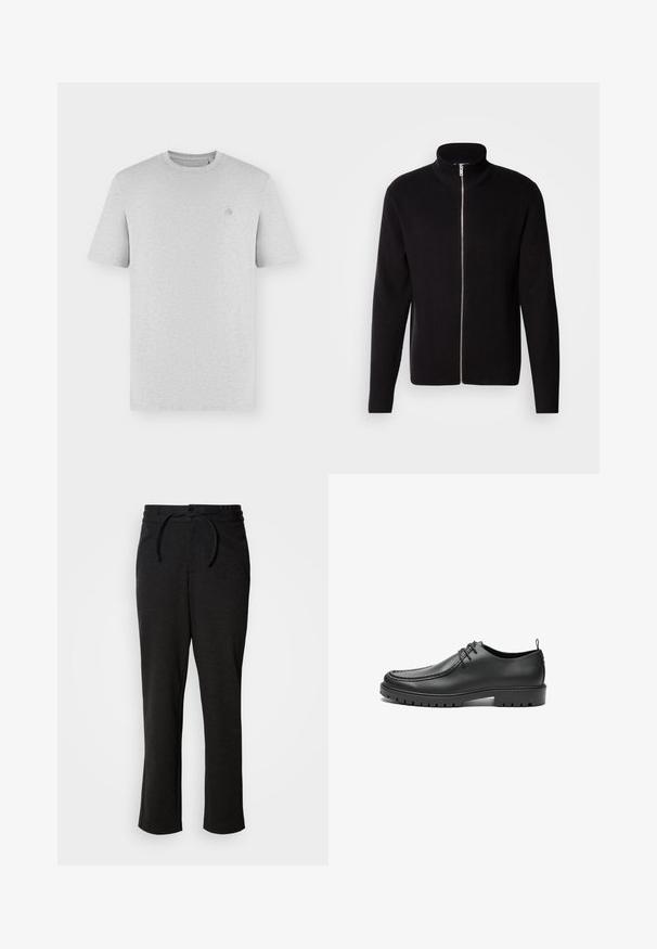 Lindbergh ZIP CARDIGAN - Gilet - black; T-shirt uni gris clair à manches courtes, col rond, avec un petit logo brodé discret sur le côté gauche de la poitrine.; Pantalons en tricot noirs avec un waistband à cordon de serrage, coupe droite et poches latérales. Texture douce avec une finition lisse.; Chaussures en cuir noir avec une finition lisse, bout arrondi et coutures décoratives. Elles possèdent une semelle en caoutchouc avec des rainures de traction et un laçage.