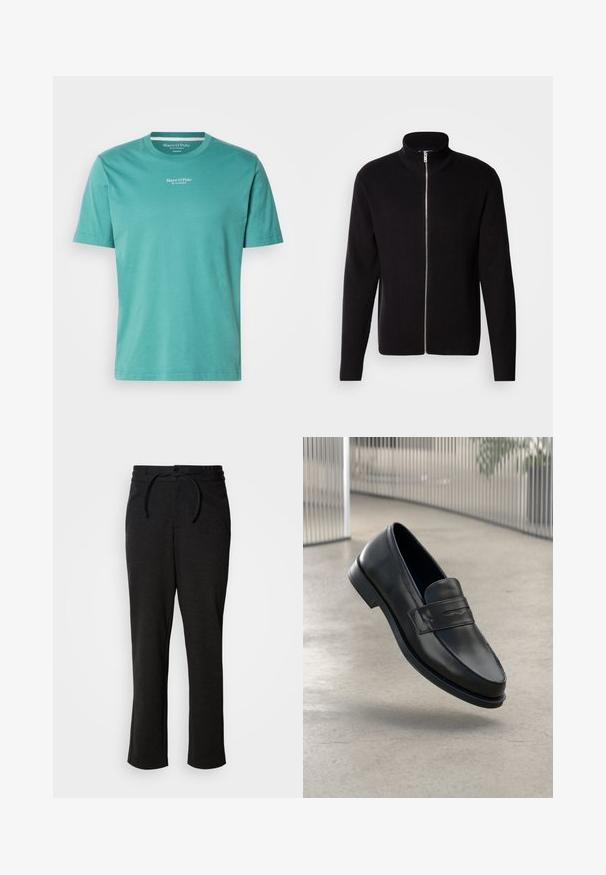 Lindbergh ZIP CARDIGAN - Strickjacke - black; Türkisfarbenes Baumwoll-T-Shirt mit Rundhalsausschnitt, kurzen Ärmeln und einem weißen Logo auf der Brust. Reguläre Passform mit glatter Textur.; Schwarze Strickhose mit einem Kordelzugbund, geradem Bein und Seitentaschen. Weiche Textur mit glatter Oberfläche.; Schwarzer Lederloafer mit glatter Textur, spitzer Zehe und einem dekorativen Riemen über dem Rist. Leichte Sohle, minimalistisches Design.