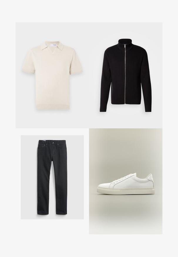 Lindbergh ZIP CARDIGAN - Strickjacke - black; Cremefarbener, kurzärmeliger Strick-Poloshirt mit V-Ausschnitt und Kragen. Verfügt über gerippte Bündchen und Saum, glatte Textur.; Schwarze Jeans aus Denim mit geradem Bein, fünf Taschen, Metallknopfverschluss und dezenten Stickdetails. Glatte Textur im gesamten Material.; Weißer Sneaker mit niedrigem Schaft, vorn mit Schnürung und dicker Sohle, aus der Seitenansicht vor neutralem Hintergrund.