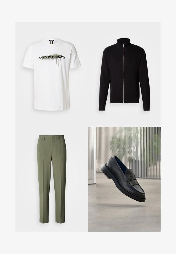 Lindbergh ZIP CARDIGAN - Vest - black; Witte katoenen t-shirt met een gedurfde zwarte "ANTONY MORATO" logo en groene spuitverfaccenten, ronde halslijn en korte mouwen.; Olijfgroene broek met een rechte snit, met een gladde textuur, enkele plooien en zonder zichtbare hardware of accenten.; Zwarte leren loafers met een gladde afwerking, voorzien van een decoratieve band en een gestructureerd paneel aan de voorkant, en een rubberen zool met textuur.