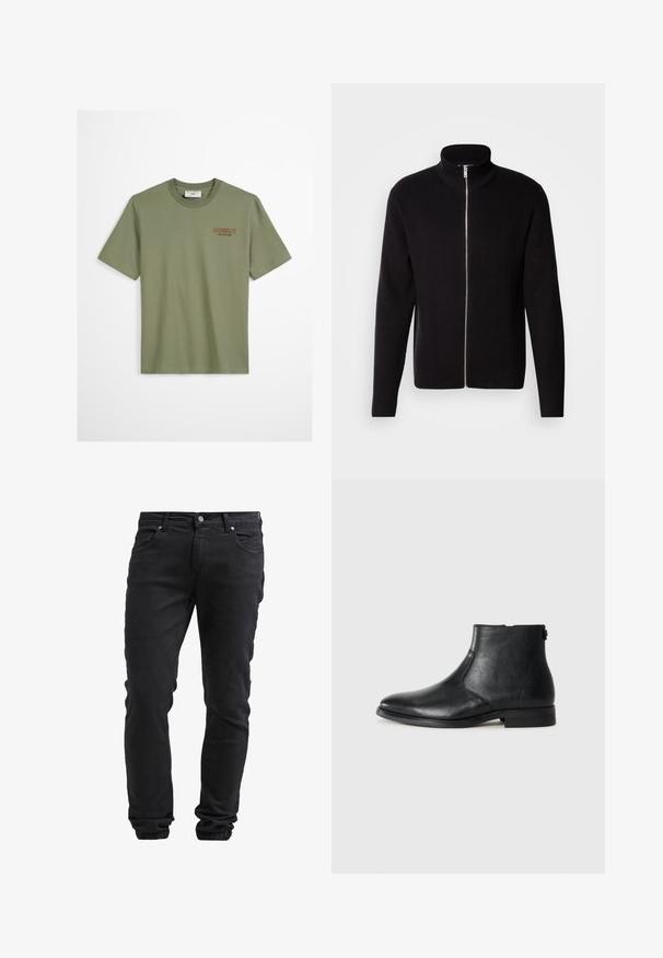 Lindbergh ZIP CARDIGAN - Cardigan - black; Oliven grøn bomulds t-shirt med korte ærmer, rund hals og "Howdy" broderet i brunt på venstre bryst. Glat tekstur, afslappet pasform.; Sorte slim-fit jeans med knap- og lynlås-lukning, fem lommer og elastiske manchetter ved anklerne.; Sort læder ankelstøvle med rund tå, glat tekstur, lav hæl og en sidelukning for nem påtagning.
