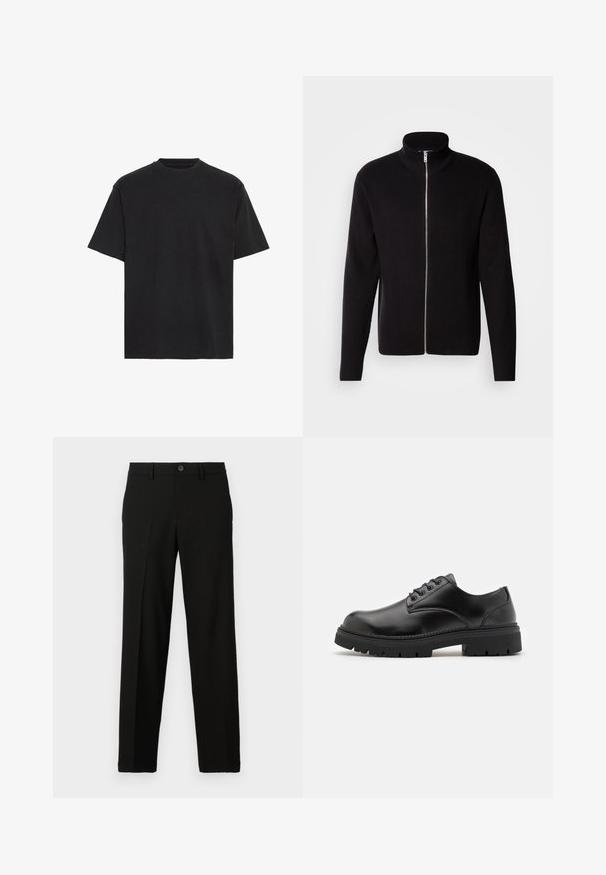 Lindbergh ZIP CARDIGAN - Chaqueta de punto - black; Camiseta de algodón negra, de manga corta, cuello redondo, ligera, de corte holgado, con textura suave, sin patrones ni acentos visibles.; Pantalones negros de tejido suave, con un corte recto, cierre de botón en la cintura y sin patrones ni detalles visibles.; Zapatos de cuero negro con punta redondeada, diseño con cordones y una suela de goma gruesa y texturizada. Presentan costuras a lo largo del borde y un acabado suave.