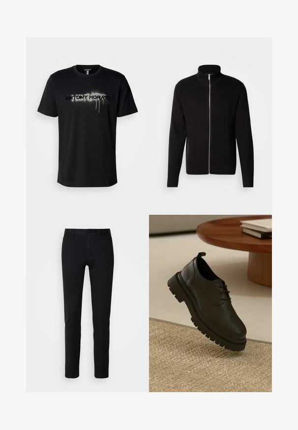Lindbergh ZIP CARDIGAN - Cardigan - black; Sort bomulds t-shirt med en sprayet tekstgrafik "ANTONY MORATO" i grå med dryppende detaljer, korte ærmer og rund hals.; Sorte bukser lavet af glat bomuldsstof, med en lige ben design, forlommer, en knaplukning og en ren finish.; Sort lædersko med en tekstureret overflade, rund tå, snørelukning og en kraftig sort gummisål. Svævende over et vævet tæppe.