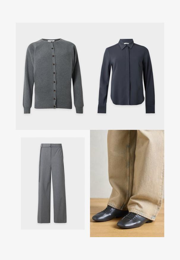 Grau gestrickter Langarmcardigan mit rundem Halsausschnitt und braunen Knöpfen vorne, vor einfarbigem Hintergrund dargestellt.; Langärmliges dunkelgraues Hemd mit Kragen und verdeckten Knöpfen vorne vor neutralem Hintergrund.; Graue, weit geschnittene Hose mit Gürtelschlaufen und Bund, flach auf einem schlichten weißen Hintergrund gezeigt.; Schwarze Lederschuhe mit glatter Textur, niedrigem Profil und Schnürdetails, kombiniert mit lockeren, hellbeigen Denim-Hosen.