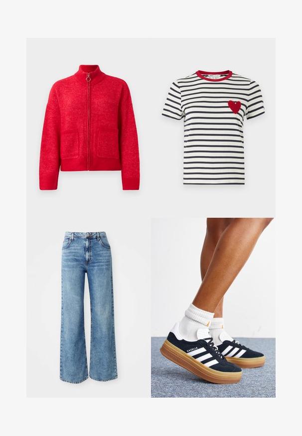 Rode ritsvest met hoge kraag, twee voorzakken, ribgebreide manchetten en zoom, weergegeven tegen een effen witte achtergrond.; Gestreepte T-shirt met navy en witte horizontale strepen, een rode kraag en een textuur hart appliqué in het rood op de linkerborst.; Lichtblauwe denim wijde broek met een hoge taille, voorzien van vijf zakken, sluiting met bovenste knop en contrasterende stiksels langs de naden.; Ben met witte sokken en zwarte Adidas Gazelle sneakers met witte strepen en dikke bruine zolen op een grijs tapijt.
