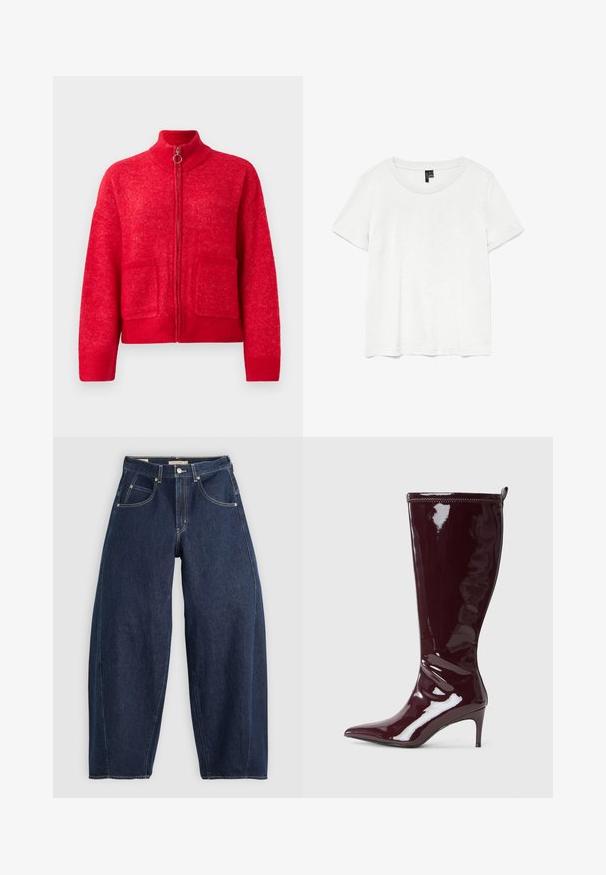 Rote Zip-Up-Strickjacke mit hohem Kragen, zwei frontalen Taschen, gerippten Bündchen und Saum, vor einem schlichten weißen Hintergrund präsentiert.; Weißes T-Shirt mit kurzen Ärmeln und rundem Ausschnitt, hergestellt aus leichtem Stoff. Schlichtes Design, glatte Textur und gerader Saum.; Dunkelblaue Denim-Jeans mit lockerer Passform, heller Naht, fünf Taschen und einem Knopfverschluss am Bund.; Kniehohe Stiefel aus bordeauxfarbenem Lackleder mit spitz zulaufender Spitze und schlankem Absatz. Glatte Textur; figurbetontes Design mit Zuglasche an der Rückseite.