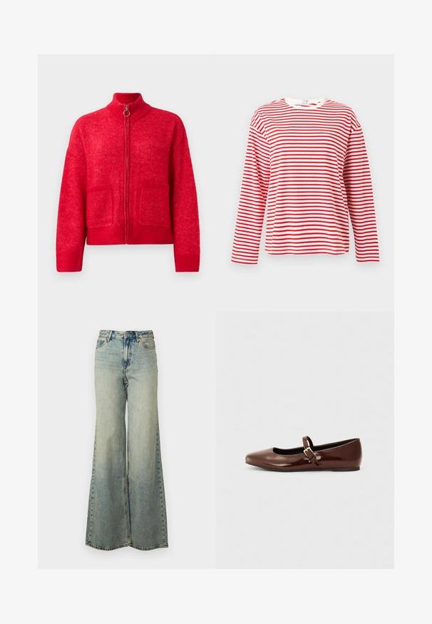 Rød lynlås cardigan med høj krave, to forlommer, ribbede manchetter og kant, præsenteret mod en ensfarvet hvid baggrund.; Rød- og hvidstribet langærmet T-shirt med rund halsudskæring, lavet af blødt stof, med jævnt placerede striber og en afslappet pasform.; Lyseblå vide jeans lavet af denim, med høj talje, bleget vask og sidelommer med synlige stikninger.; Brun patentlæder balletflade med firkantet tå og strop med en lille guldbuckle. Glat tekstur, lav hæl og minimalistisk design.