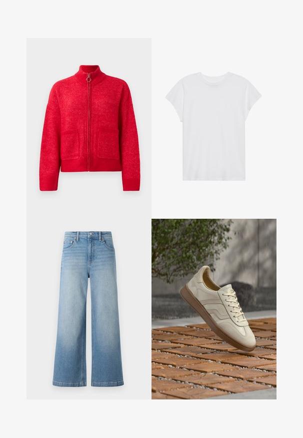 Rød lynlås cardigan med høj krave, to forlommer, ribbede manchetter og kant, præsenteret mod en ensfarvet hvid baggrund.; Hvid kortærmet t-shirt med rund hals, afslappet pasform, lavet af blødt bomuldsstof. Glat tekstur, ingen mønstre eller logoer.; Lyseblå denim bredbenede jeans med høj talje, fem-lomme design, synlig syning og knappelukning foran.; Sneakers i cremefarve med en struktureret beige gummisål, snøredesign og diskret brand på siden. Overdel i glat læder.