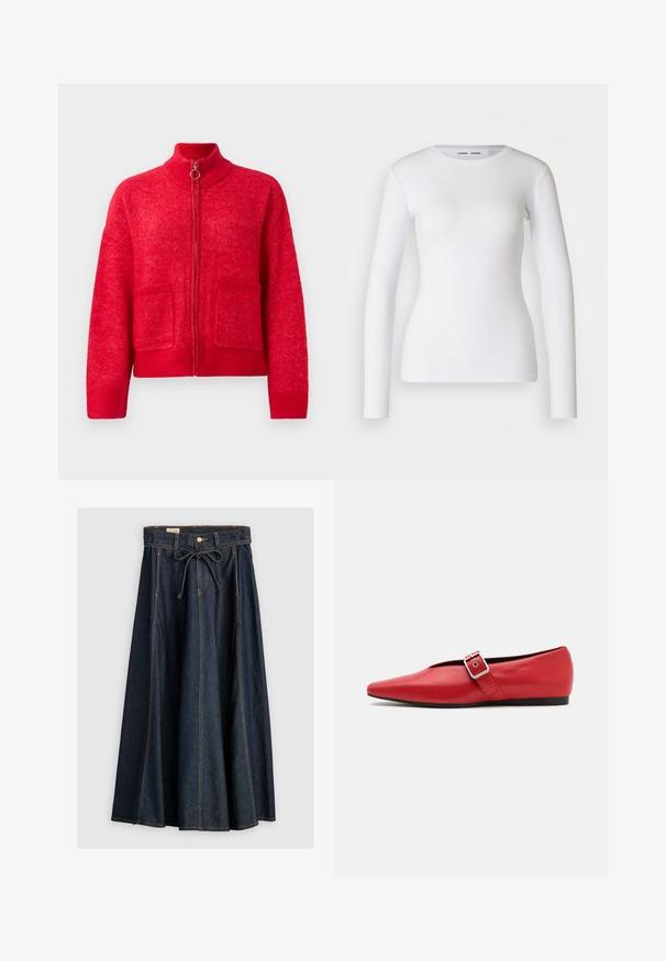 Cardigan zippé rouge avec col montant, deux poches avant, poignets et ourlet côtelés, présenté sur fond blanc uni.; Chemise blanche à manches longues en tissu côtelé, avec un col rond et une coupe cintrée. Aucun motif ni accent présent.; Levi's® XL SKIRT - Jupe en jean - square circle; Ballerine en cuir rouge avec une pointe pointue, comportant une lanière sur le côté avec une boucle en métal et un petit talon noir. Texture lisse sur l'ensemble.