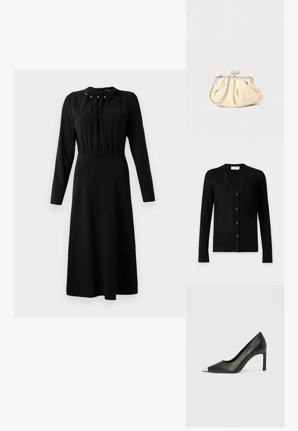 Schwarzer langärmliger V-Ausschnitt-Cardigan mit fünf Knöpfen vorne, gefertigt aus feinem Strickmaterial.; Schwarzes langärmliges Kleid mit gerafftem Ausschnitt, mittigen Knöpfen und einem ausgestellten Rock. Hergestellt aus glattem Stoff, knielanges Design.; Schwarzer Lederschuh mit hohem Absatz, spitz zulaufender Zehenpartie und metallischer silberner Spitze. Verfügt über eine glatte Oberfläche und einen schlanken 10 cm hohen Absatz.; Faltige beigefarbene Ledertasche mit einem silbernen Metallrahmen, ausgestattet mit zwei runden dekorativen Verschlüssen und einem silbernen Kettenriemen.