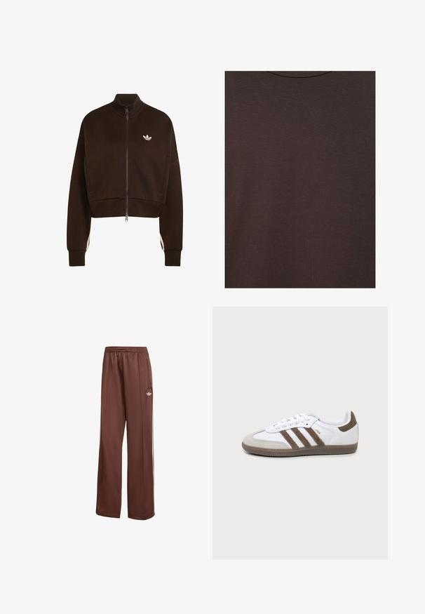 Donkerbruine jas met rits, hoge kraag, lange mouwen, twee zijzakken en een klein wit Adidas-logo op de borst.; Donkerbruine t-shirt met ronde hals van zachte gebreide stof met fijne ribstructuur.; Bruine sportbroek met een relaxte pasvorm. Gemaakt van gladde stof, met zijzakken, witte strepen en een klein wit logo op de dij.; Witte en bruine Adidas Samba sneaker met drie bruine strepen, veters en een textuurs van boven- tot zool, getoond vanaf de zijkant op een effen achtergrond.
