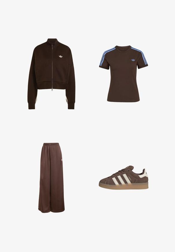 Chaqueta marrón oscuro con cremallera, cuello alto, mangas largas, dos bolsillos laterales y un pequeño logo blanco de Adidas en el pecho.; Camiseta marrón de manga corta con tres rayas azul claro en los hombros y pequeño logo de Adidas azul claro en el pecho izquierdo.; adidas Originals Pantalones deportivos - auburn cream white; Zapatilla de ante marrón con detalles en cuero blanco y tres rayas blancas. Presenta una puntera redonda y una suela de goma. Logotipo en el lateral.