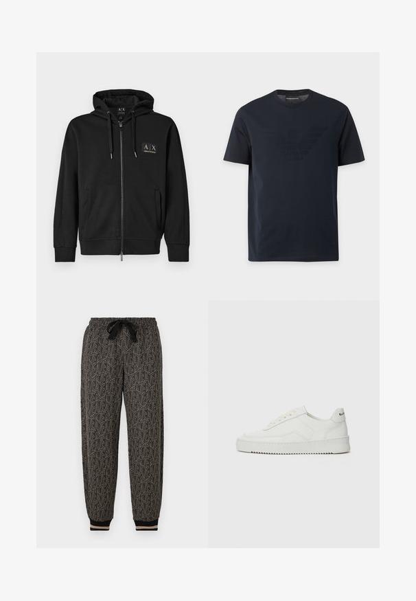Sudadera negra con cremallera, bolsillos frontales, capucha con cordón y pequeño parche con el logo dorado de Armani Exchange en el lado izquierdo del pecho.; Camiseta negra de manga corta con cuello redondo, con un sutil logo de águila en relieve en el pecho y una etiqueta de marca dentro del cuello.; Pantalones jogger con estampado en negro y beige, con una cintura elástica y cordón de ajuste, puños acanalados y un diseño geométrico en toda la prenda.; Zapatilla de cuero blanca con un acabado suave, puntera redonda, cordones planos y suela texturizada. Cuenta con un sutil logo en el talón.
