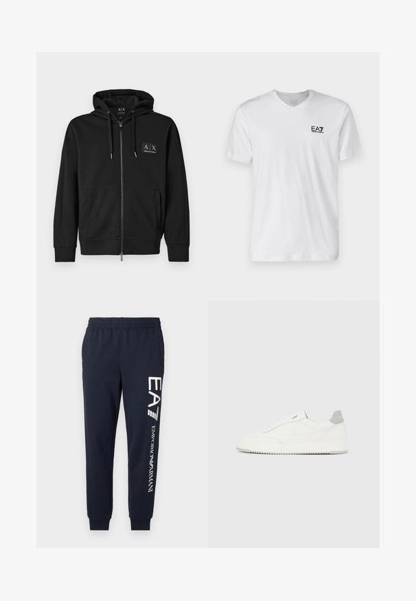 Mustat vetoketjuga hoodie esipocketitega, nööriga kapuuts ja vasakul rinnal väike kuldne Armani Exchange logo pisipatch.; Valge puuvillane T-särk V-kaelusega, lühikeste varrukatega, millel on must EA7 logo vasakul rinnal. Sile tekstuur, lihtne disain.; Tumedate sinised puuvillased dressipüksid, millel on elastne vöökoht, kitsenevad sääred ja kontrastsed valged EA7 ja Emporio Armani logod trükituna küljele.; Valge madala lõikega tennisking halli kandklambri, valgete paelte ja tekstuuriga tallaga, esitletud ühtlasel heledal taustal.