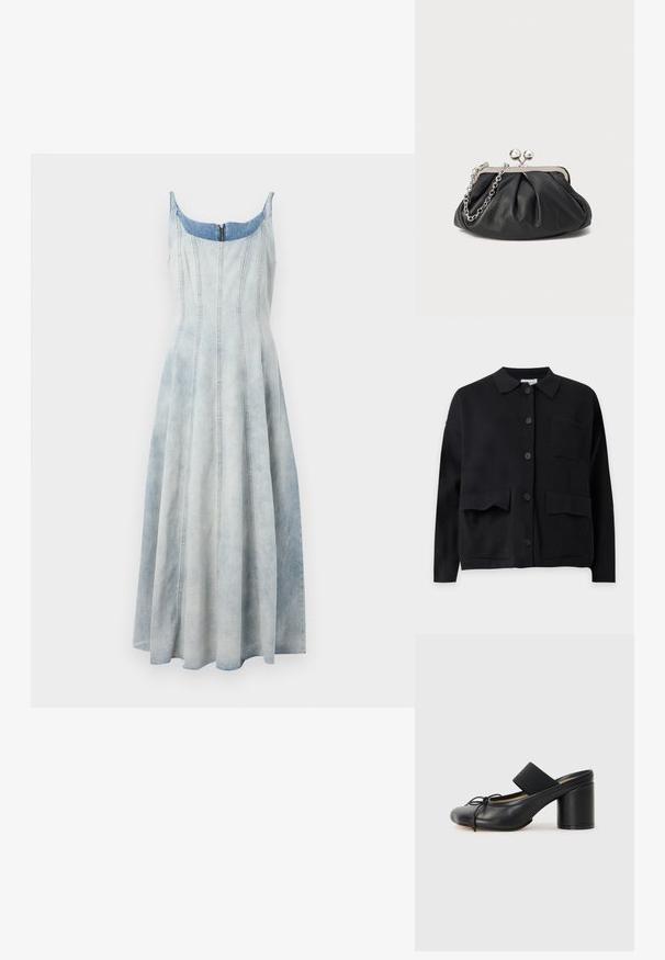 Cardigan noir à manches longues avec boutons, col et trois poches avant sur un fond clair uni.; Robe en denim avec un dégradé de bleu clair, corsage ajusté, jupe évasée et détails de couture visibles. Fermeture éclair au dos.; Mules noires à talons avec un bout rond, fabriquées en cuir lisse. Dotées d'une bande élastiquée et d'un talon cylindrique proéminent.; Porte-monnaie en cuir noir avec texture froncée, cadre en métal argenté, fermeture à verrouillage kiss-lock et bandoulière en chaîne. Surface lisse et douce.