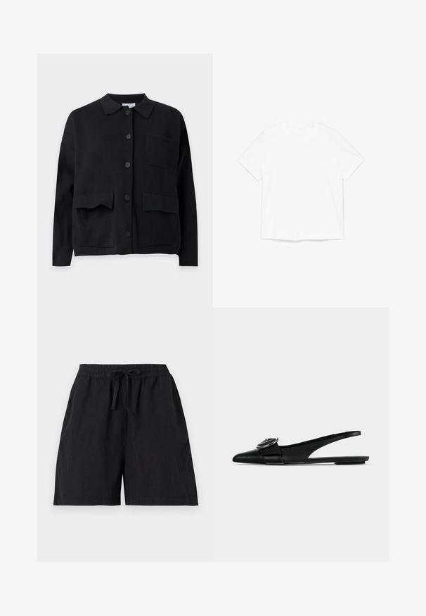 Cardigan noir à manches longues avec boutons, col et trois poches avant sur un fond clair uni.; T-shirt blanc uni à manches courtes et col rond, étalé à plat sur un fond blanc.; Short noir décontracté avec ceinture élastique et cordon à l'avant, avec poches latérales et coupe ample.; Ballerine slingback en cuir noir à bout pointu, avec une large bride et une boucle métallique ronde sur le dessus.