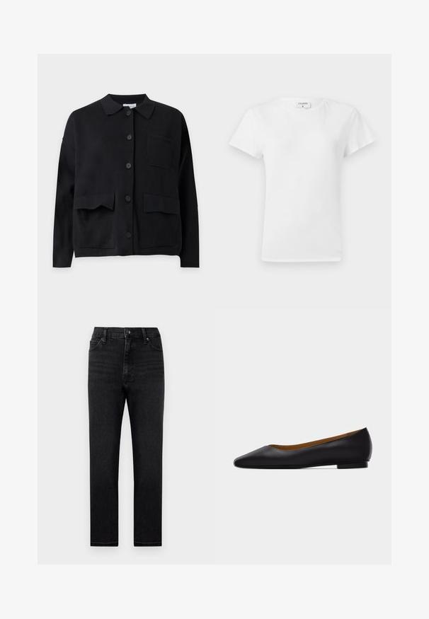 Cardigan noir à manches longues avec boutons, col et trois poches avant sur un fond clair uni.; T-shirt en coton blanc avec un col rond et des manches courtes, présentant une coupe décontractée et un design minimaliste. Étiquette visible au niveau du cou.; Jean en denim noir avec une coupe droite, taille haute et un design classique à cinq poches. Comprend des passants de ceinture et une fermeture à glissière.; Chaussure plate en cuir noir à bout pointu avec talon bas et finition lisse, vue de côté sur un fond gris clair.